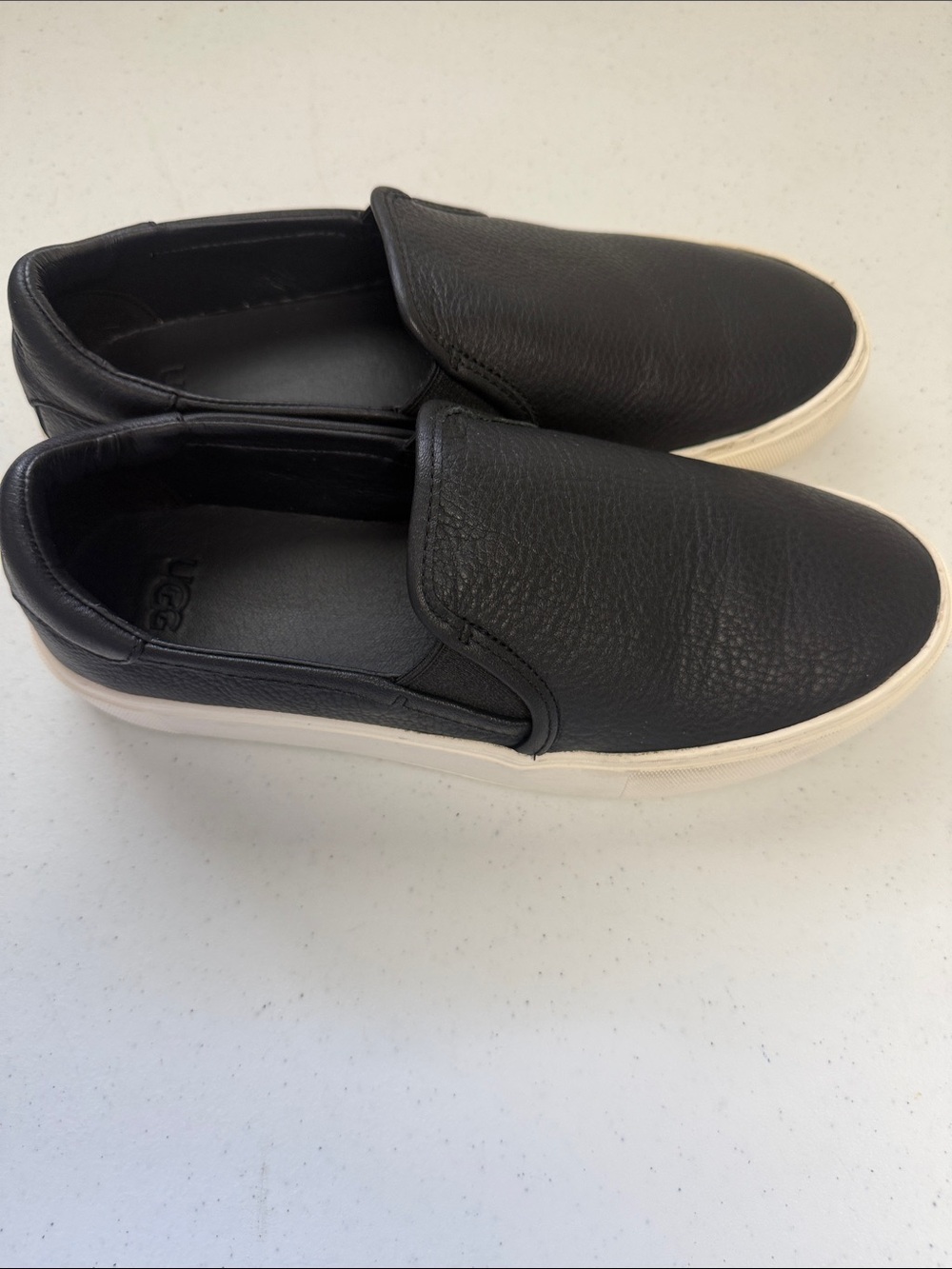 UGG women Black Leather Slip-On Sneakers with White Sole